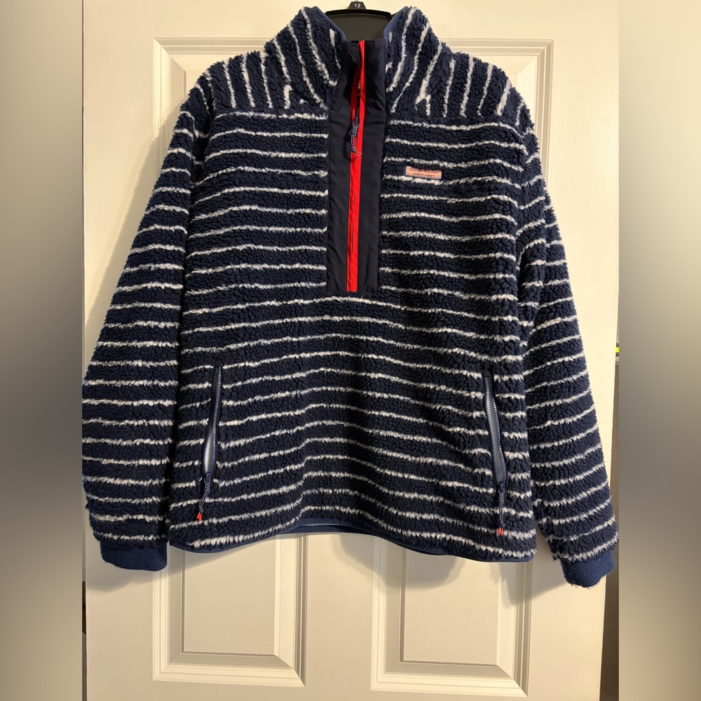 Vineyard Vines Navy & White Striped Sherpa Pullover with Red Trim